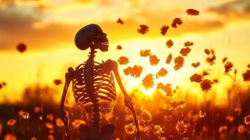 Skeleton Silhouette in a Field of Flowers at Sunset photo