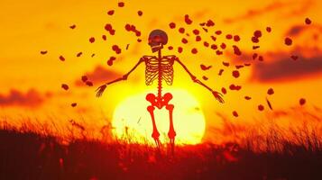 Skeleton Standing in a Field of Red Flowers at Sunset photo