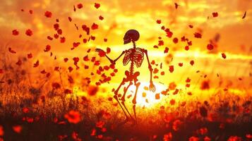 Skeleton Dancing in a Field of Flowers at Sunset photo