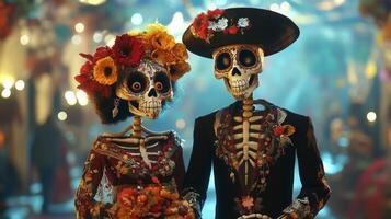 Skeleton Couple Dressed in Elaborate Floral Costumes photo