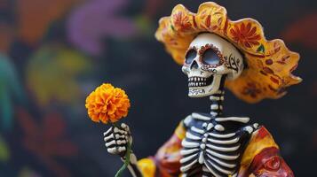 A Sugar Skull Holding a Marigold Flower photo