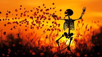 A Skeleton Dancing in a Field of Flowers Against a Sunset photo