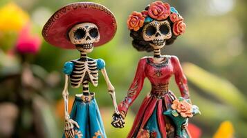 Decorated Skeleton Couple Figurines Holding Hands photo