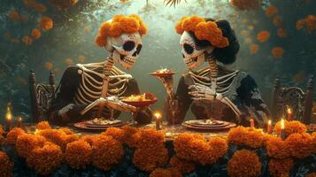 Two Skeletons Dressed in Black Enjoying a Meal Decorated with Marigolds photo