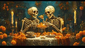 Two Skeletons Sharing a Meal Surrounded by Marigolds and Candles photo
