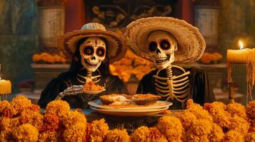 Two Sugar Skulls Enjoying a Meal with Marigold Flowers photo