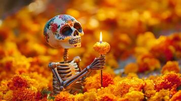 Decorated Skull Skeleton Holding a Lit Marigold Candle photo