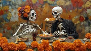 Two Skeletons Sharing a Meal with Marigolds and Drinks photo