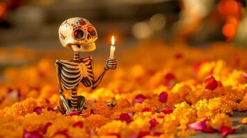Day of the Dead Skeleton Holding a Candle in a Bed of Marigolds photo