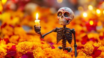 Decorated Skeleton Holding a Lit Candle Amidst Marigolds and Petals photo