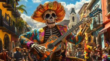 A Skeleton Musician Plays Guitar in a Vibrant Mexican Setting photo