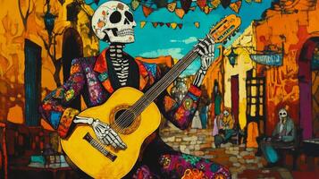 A Skeleton Playing a Guitar in a Colorful Cityscape photo