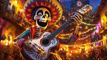 Animated Skeleton Playing Guitar in a Festive Setting photo