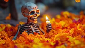 Decorated Skull Skeleton Holding a Candle Amidst Orange Marigolds photo