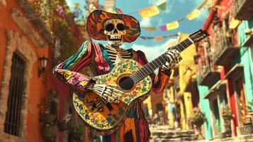 A Skeleton Playing a Guitar in a Colorful Mexican Street photo