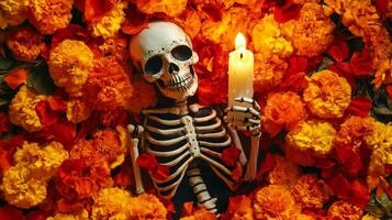 A Skeleton Holding a Lit Candle Amidst Marigolds and Red Petals photo