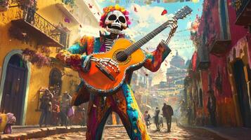 A Day of the Dead Skeleton Playing Guitar in a Festive Street photo