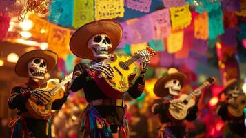 Skeleton Musicians Playing Guitars at a Day of the Dead Celebration photo
