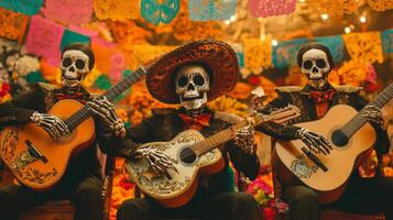 Three Skeletons Playing Guitars Dressed in Traditional Mexican Clothing photo