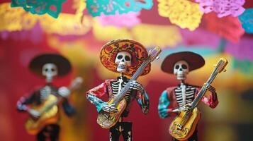Skeleton Musicians Playing Guitars Against Colorful Background photo