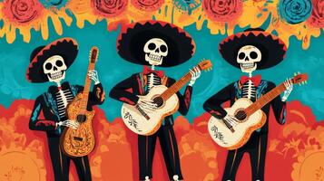 Three Skeletons Playing Guitars in Traditional Mexican Outfits photo