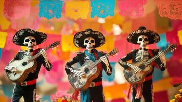 Three Skeleton Musicians Playing Guitars in Colorful Decor photo
