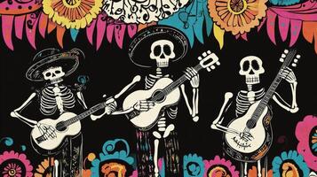 Three Skeletons Playing Guitars with Colorful Floral Motifs photo