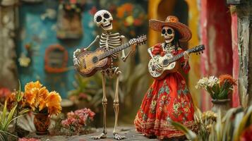Skeletons Playing Guitars in a Day of the Dead Setting photo