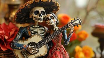 Skeleton Couple Playing Guitar with Floral Background photo