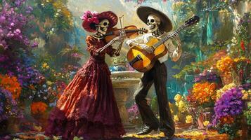 Two Skeletons Playing Music in a Garden photo