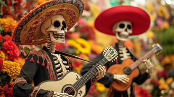 Two Skeleton Musicians Playing Guitars with Colorful Floral Background photo
