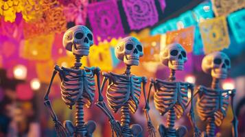 Skeletal Figures Standing Before Vibrant Colorful Background photo