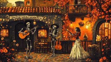 Skeleton Musicians Performing in a Festive Day of the Dead Setting photo