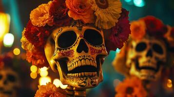 Decorated Skull with Floral Wreath and Bokeh Background photo