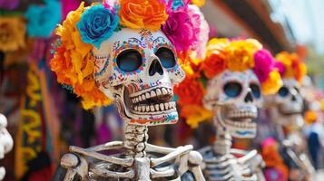 Decorated Sugar Skulls with Flower Wreaths for Dia de los Muertos photo