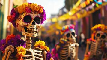 Decorated Skeleton Wearing Floral Wreath in Day of the Dead Celebration photo
