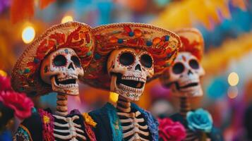 Three Sugar Skulls in Sombreros with Floral Accents photo