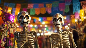 Two Sugar Skulls Skeletons with Colorful Papel Picado Decorations photo