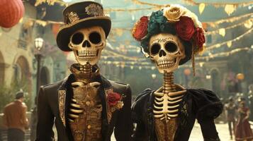 Skeleton Couple Dressed in Formal Wear with Flowers photo