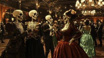 Skeletons Dancing at a Formal Ball in an Ornate Hall photo