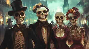 Four Skeletons Dressed in Formal Attire Standing in a City Street photo
