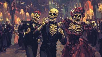 Three Skeletons Dressed in Formal Attire at a Ball photo