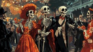 Skeletons Dressed in Formal Wear at a Social Gathering photo