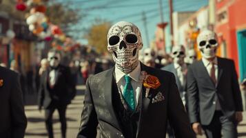 Man Wearing a Skull Mask and Suit with an Orange Rose on His Lapel photo