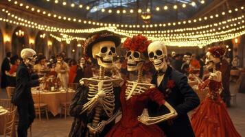 Skeletons in Formal Attire Dancing at a Party photo