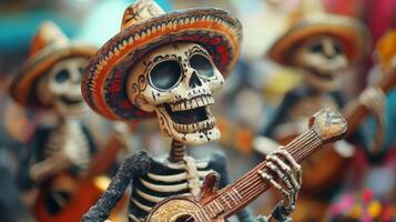 A Smiling Skeleton Wearing a Sombrero Plays a Guitar photo