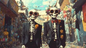 Two Skeleton Figures Dressed in Suits and Bowties in a Colorful Alley photo