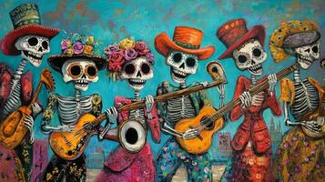 A Band of Skeletons Playing Instruments in Colorful Attire photo