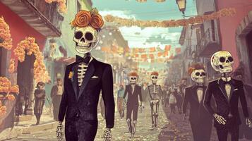 Skeletons in Suits Walking Down a Street During Day of the Dead photo