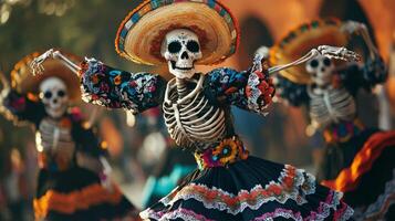Skeleton in Sombrero and Dress Dancing During Day of the Dead Celebration photo